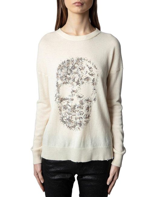 Zadig & Voltaire Natural Gaby Multi Skull Strass Wool & Cashmere-Blend Sweater