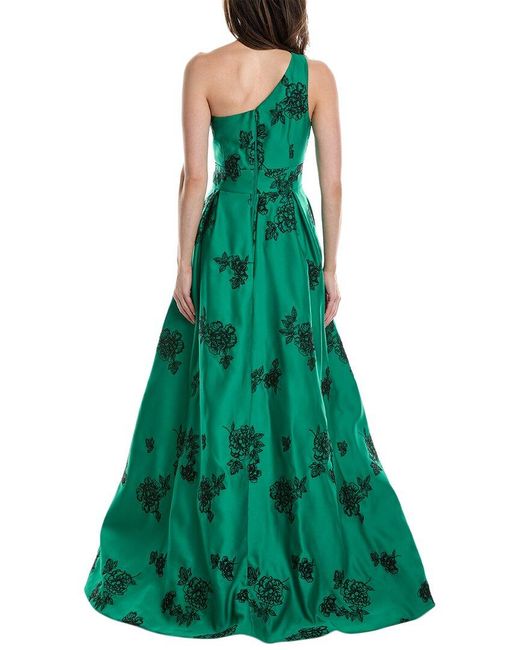 Marchesa Green One-shoulder Heavy Duchess Satin Gown