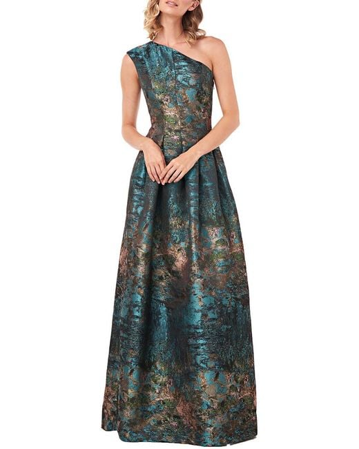 Kay Unger Green One Shoulder Cara Abstract Jacquard Gown