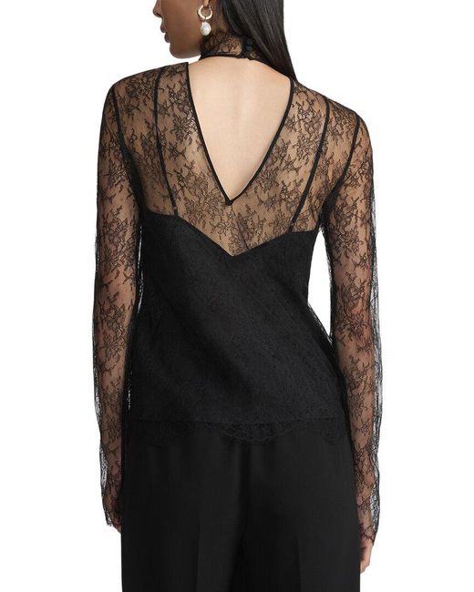 Lafayette 148 New York Black Lace Trim Mock Neck Silk-Blend Blouse