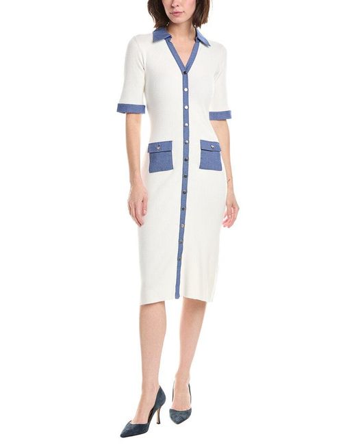 Tahari White Elbow Sleeve Split Neck Rib Dress