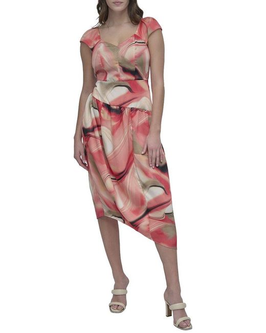 DKNY Red Printed Asymmetrical Dress