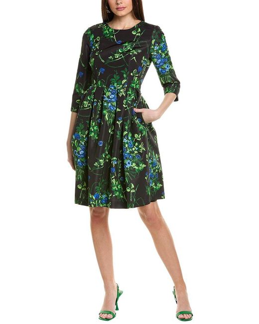 Carolina Herrera Green Elbow-sleeve Silk-lined A-line Dress