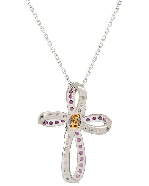 Suzy Levian Pink Silver 0.02 Ct. Tw. Diamond & Sapphire Cross Pendant