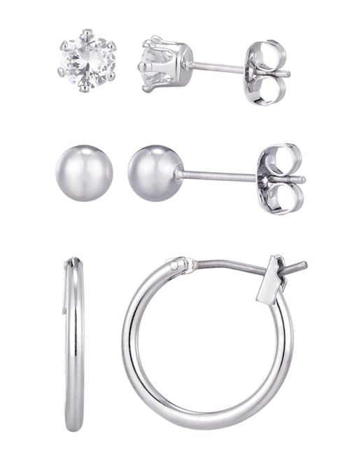 Adornia White Plated Hoop, Solitaire & Ball Stud Earrings Set