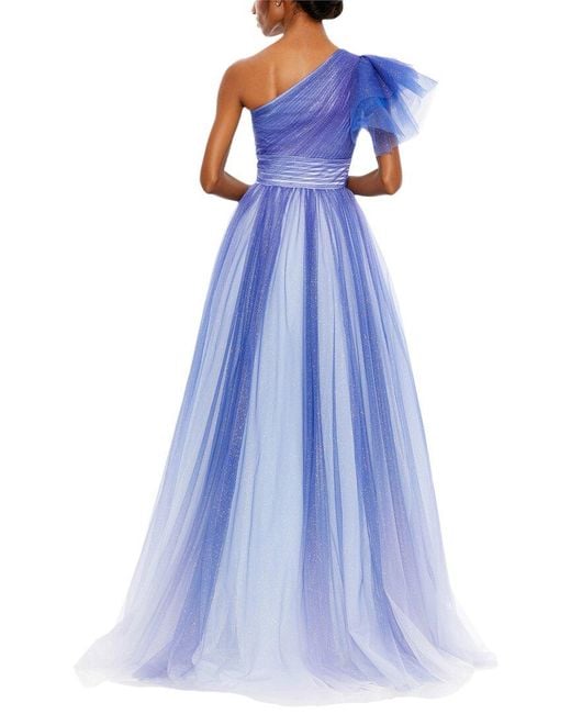 Mac Duggal Blue Glitter Ombre Ruffled One Shoulder Ball