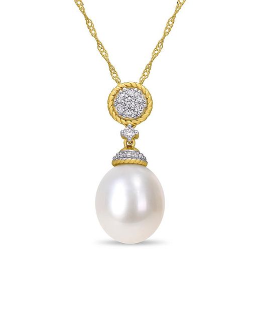 Pearls White 14k 0.15 Ct. Tw. Diamond & 10-10.5mm Freshwater Pearl Drop Pendant Necklace