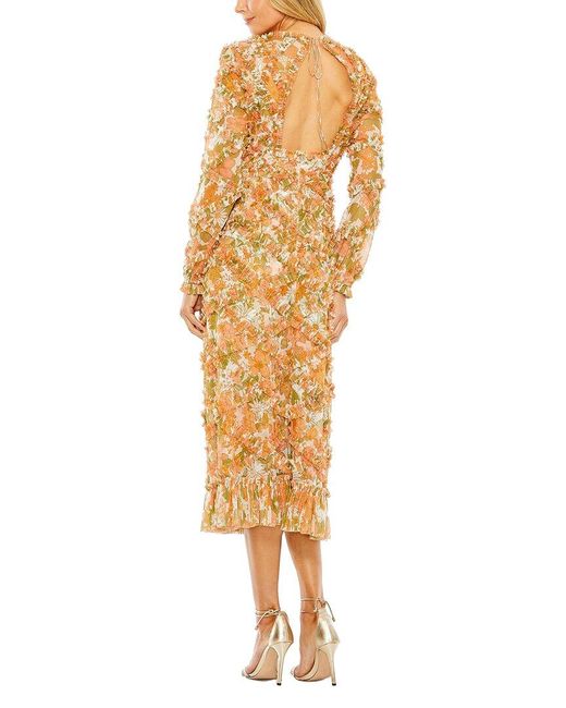 Mac Duggal Metallic Low Back Floral V Neck Ruffle Dress