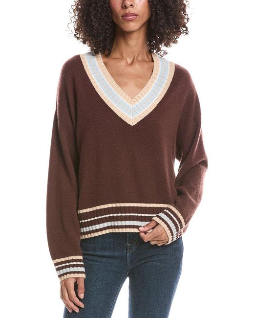 Brodie Cashmere Brown Stitchy Trim V-Neck 100% Cashmere Sweater