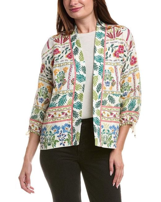 Johnny Was Multicolor Drawstring Cuff Cropped Linen Kimono