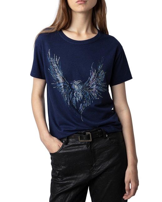 Zadig & Voltaire Blue Marta Eagle Strass Linen-blend Shirt