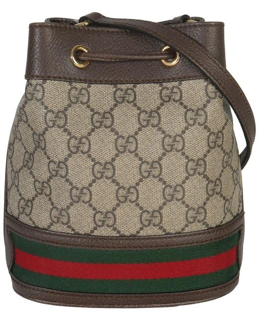 Gucci Gray Beige, Brown Coated Canvas & Leather GG Supreme Ophidia Mini Bucket Bag (authentic Pre-loved)