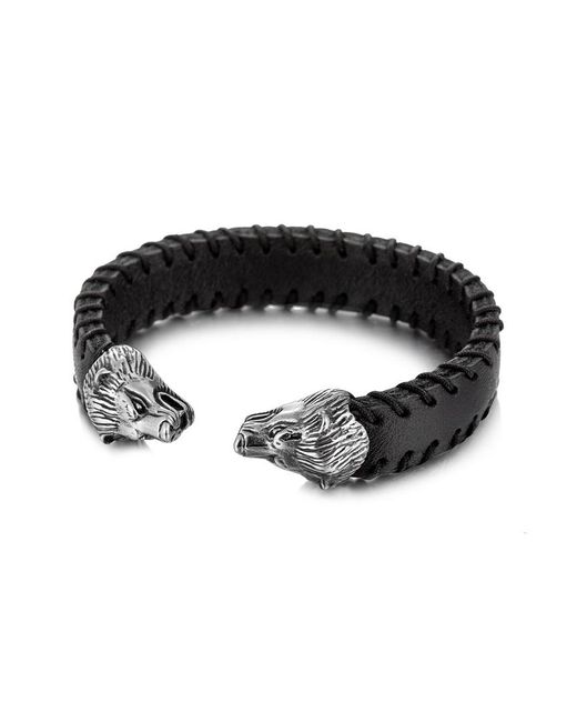 Eye Candy LA Black Luxe Collection Wolf Stainless Steel Leather Cuff Bracelet for men