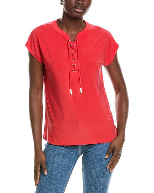 Jones New York Red Extended Shoulder Lace-Up Top