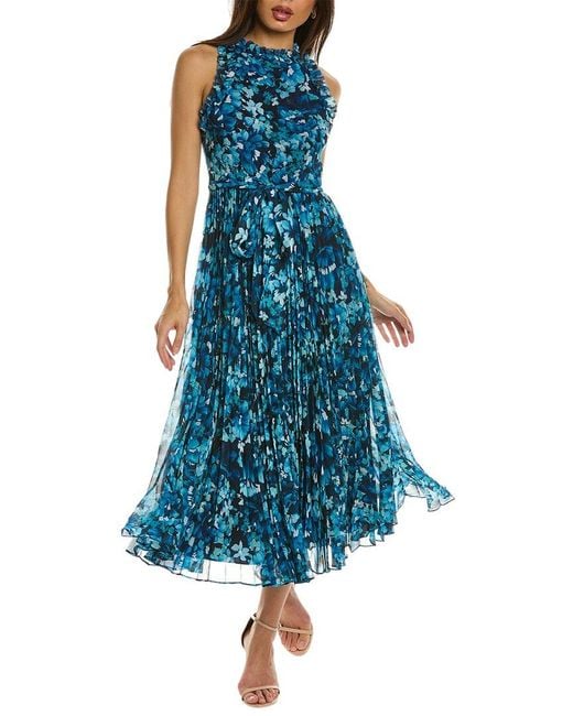 Badgley Mischka Blue Ruffle Pleated Maxi Dress
