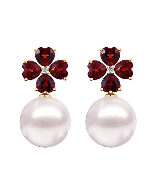 Kai Fine Jewelry Red 14K 4.93 Ct. Tw. Diamond & Garnet & 12-13Mm Pearl Drop Earrings