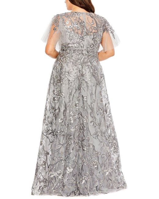 Mac Duggal Gray High Neck Flutter Sleeve Embellished A Ling Gown
