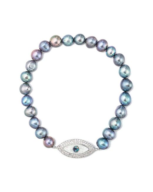 Eye Candy LA Blue Luxe 2mm Pearl Cz Elena Stretch Bracelet
