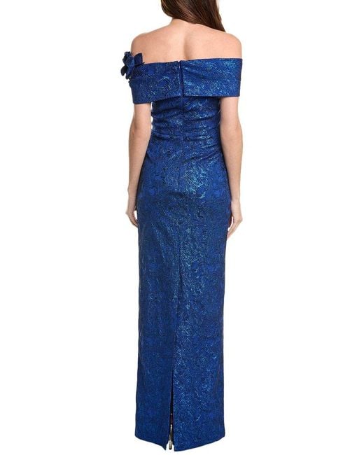 Teri Jon Blue Metallic Jacquard Column Gown