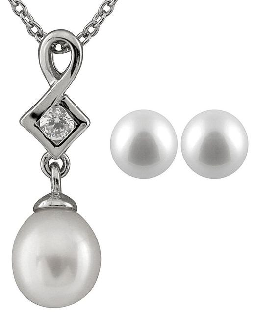 Splendid White Silver 6.5-7mm Freshwater Pearl & Cz Earrings & Necklace Set Set for men