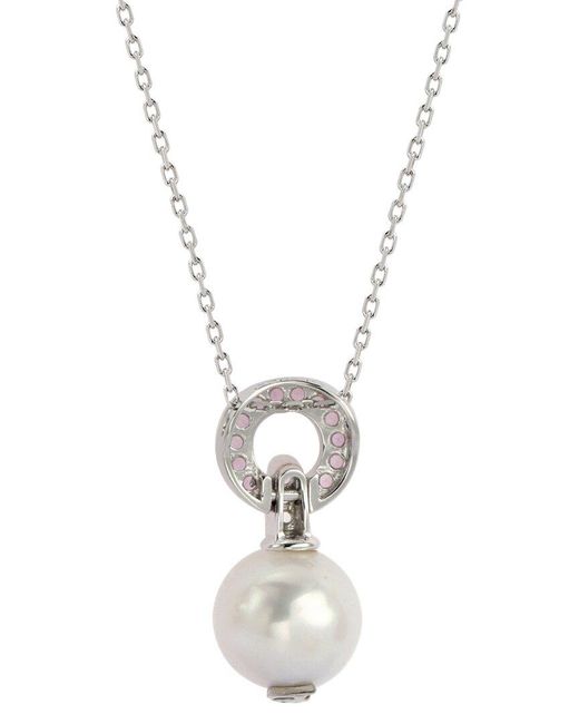 Suzy Levian White Silver Sapphire Pearl Circle Pendant Necklace