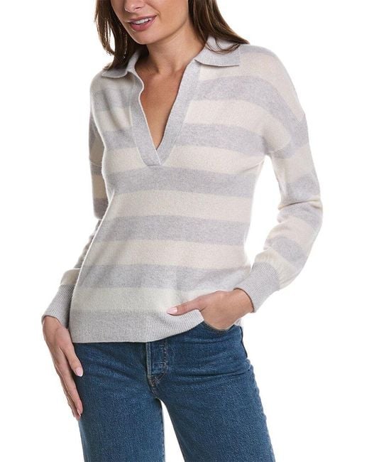 Forte Gray Striped Cashmere Polo Sweater