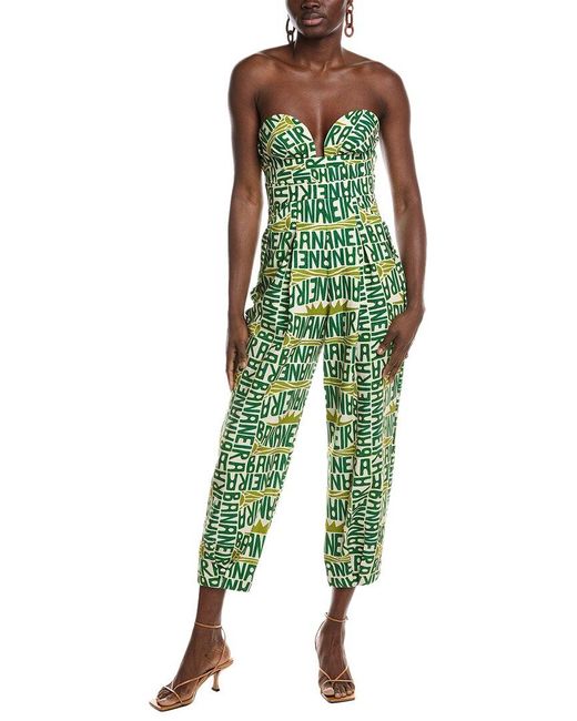 Farm Rio Green Banana Typography Strapless Linen Maxi Jumpsuit