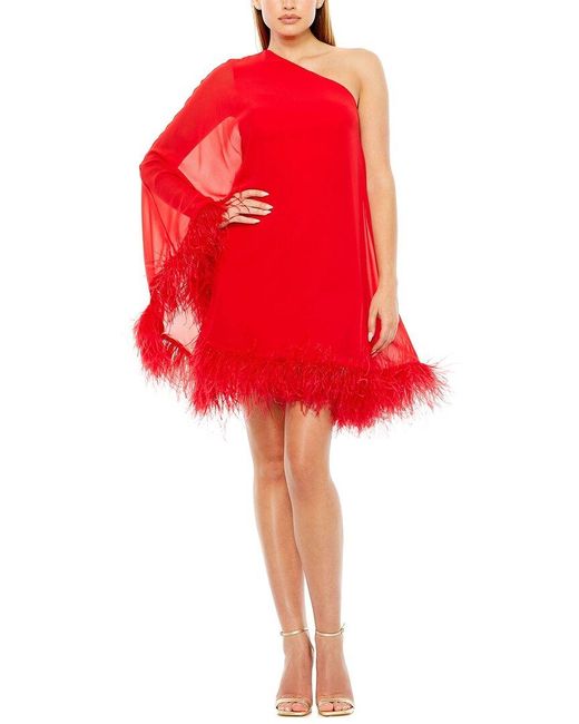 Mac Duggal Red One Shoulder Trapeze Dress With Feather Trim