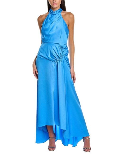 THEIA Blue Hatice High Neck Halter Gown