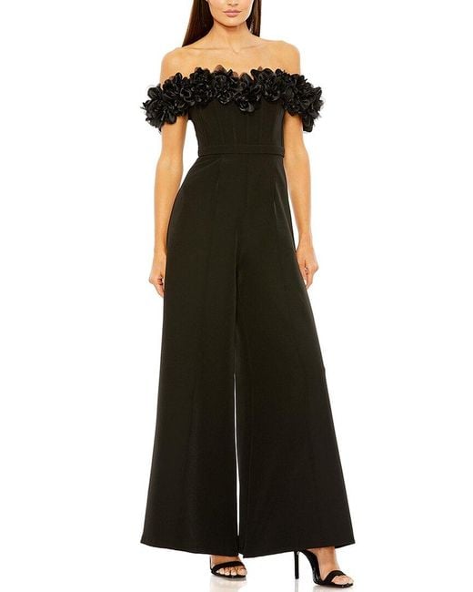 Mac Duggal Black Floral Bustier Top Flare Leg Jumpsuit