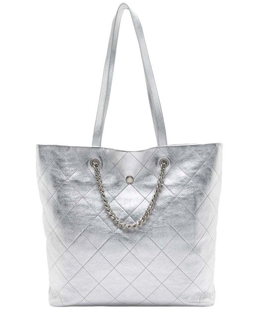 Chanel White Silver Lambskin Club Monaco Large Shopping Tote (authentic Pre-loved)