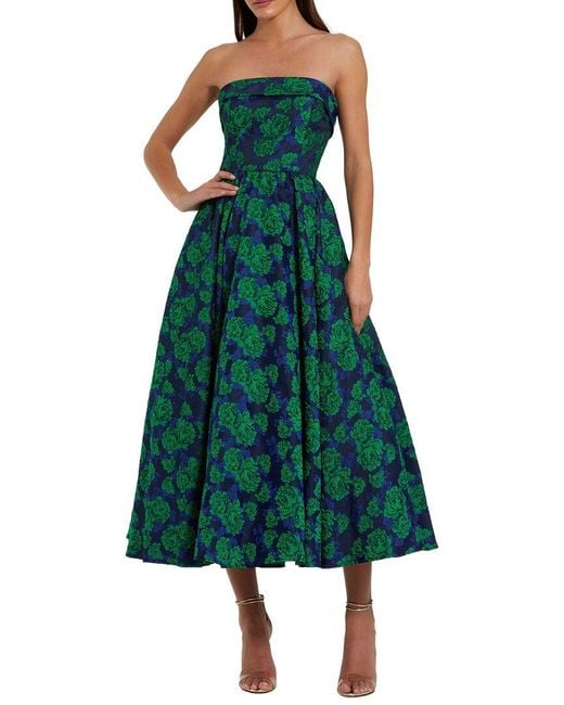Mac Duggal Green Brocade Strapless A Line Midi Dress