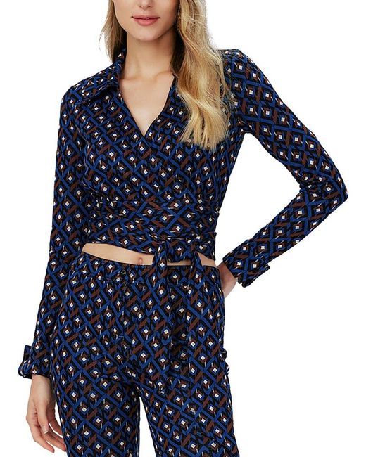 Diane von Furstenberg Blue Wool-Blend Wrap Top with Self-Tie