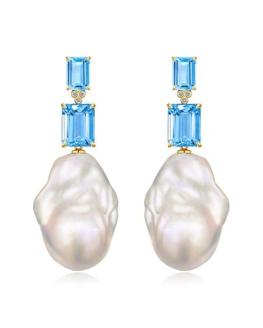 Kai Fine Jewelry White 14K 9.03 Ct. Tw. Diamond & Topaz & 16-17Mm Pearl Drop Earrings