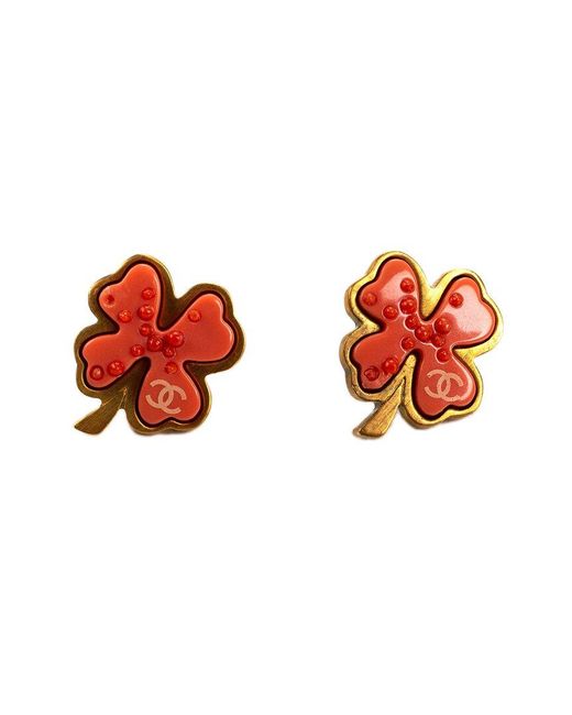 Chanel Red Cc Clover Metal Earrings
