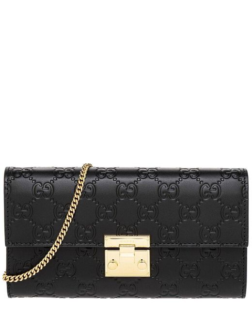 Gucci Black Ssima Leather Wallet On Chain
