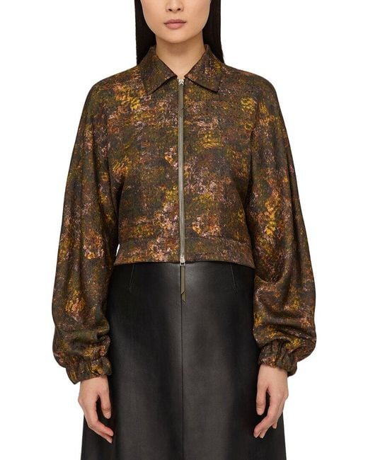 Lafayette 148 New York Brown Shirt Collar Wool & Silk-Blend Bomber Jacket