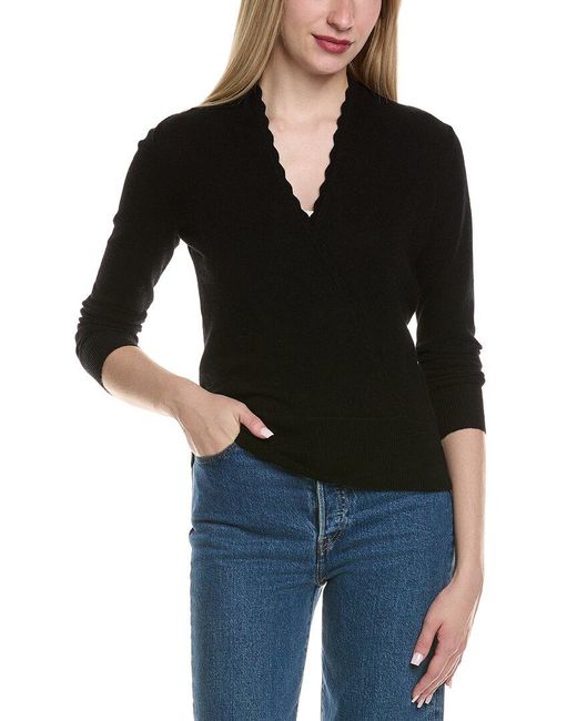 Sofiacashmere Black Modern Faux Wrap Wool & Cashmere-Blend Sweater