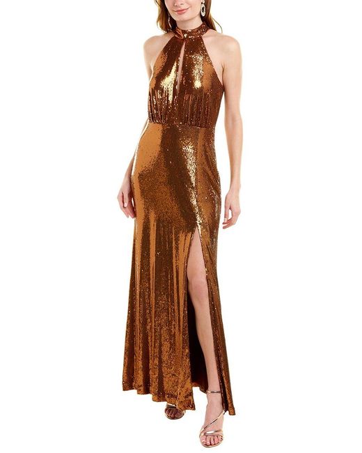 Halston Brinley Sequin Halter Gown in Brown | Lyst