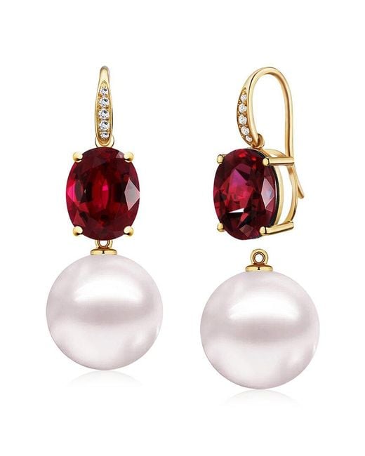 Kai Fine Jewelry Red 14K 7.45 Ct. Tw. Diamond & Garnet & 12-13Mm Pearl Drop Earrings