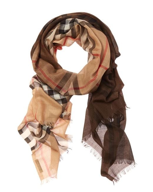 Burberry Ombré Check Lightweight Wool Silk Scarf in Natural | Lyst