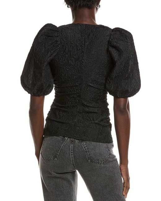 Ganni Black Jacquard Organza Gathered V-neck Blouse