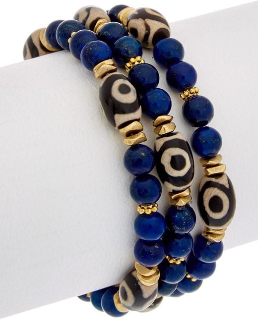 Rachel Reinhardt Jewelry Blue Set Of 3 14k Plated Gemstone Stretch Bracelet