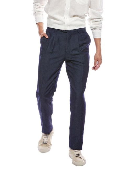 Brunello Cucinelli Blue Leisure Fit Pleated Linen & Wool- Blend Pant for men