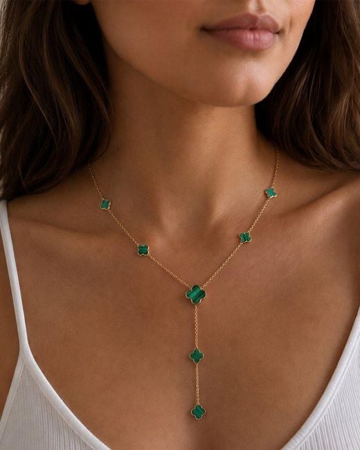 Italian Gold Metallic 14K Malachite Lariat Necklace
