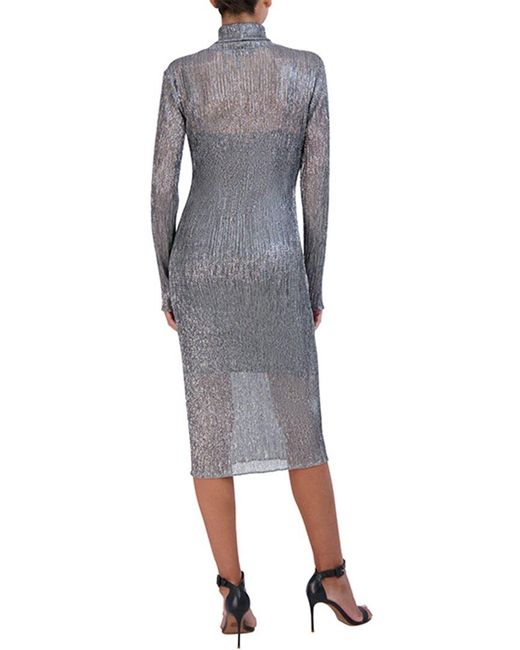 BCBGMAXAZRIA Gray Sheer Metallic Turtleneck Midi Dress