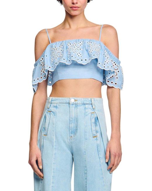 Sandro Blue Alon Linen-Blend Top