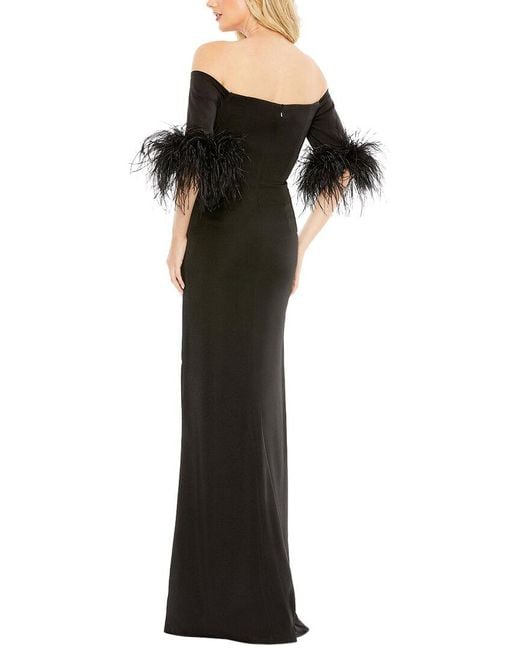 Mac Duggal Black Feather Trim Off The Shoulder Column Gown