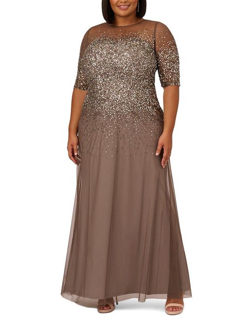 Adrianna Papell Brown Beaded Illusion Long Dress