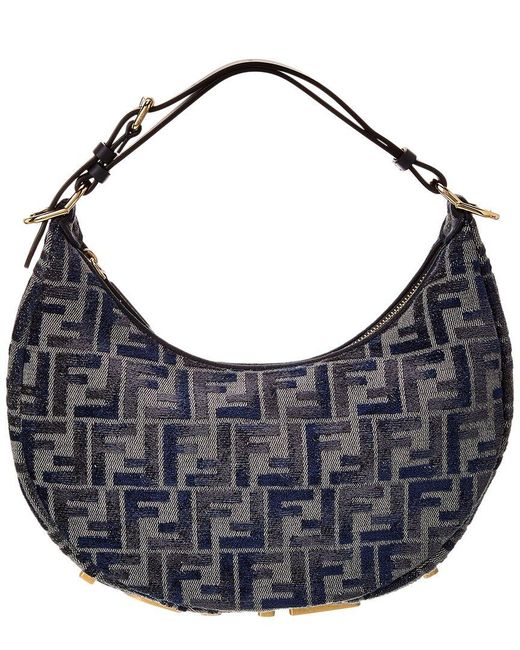 Fendi Blue Graphy Small Ff Chenille & Leather Hobo Bag
